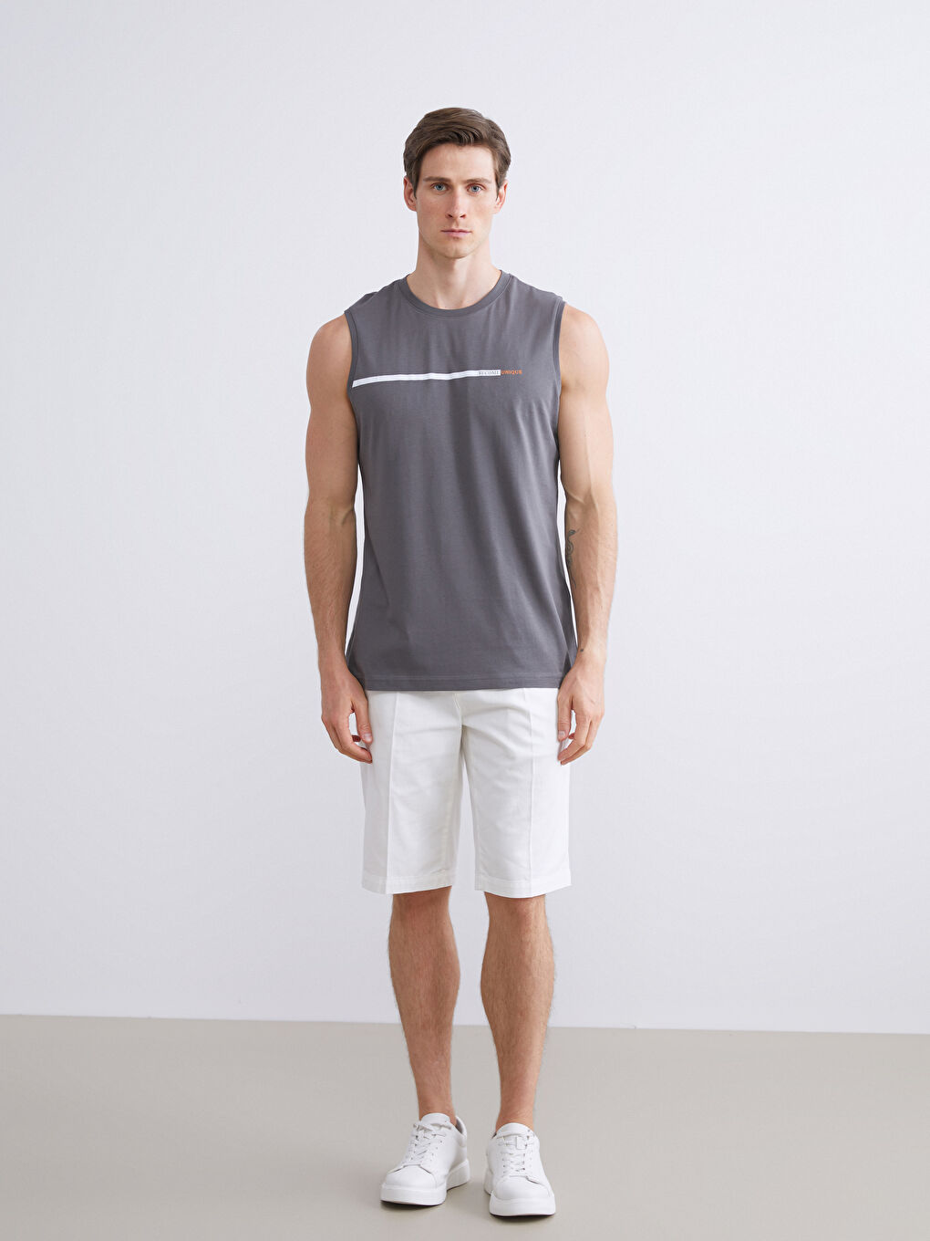 Gri Bisiklet Yaka Baskılı Penye Erkek Kolsuz Tişört 2'li Paket-3