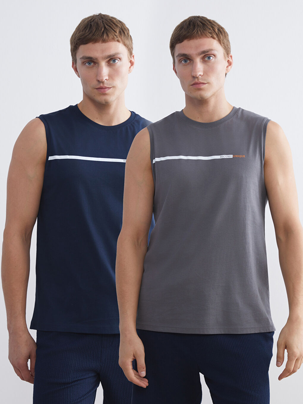 Lacivert Bisiklet Yaka Baskılı Penye Erkek Kolsuz Tişört 2'li Paket