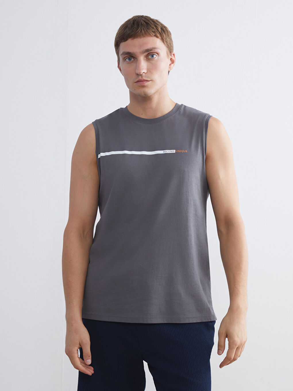 Lacivert Bisiklet Yaka Baskılı Penye Erkek Kolsuz Tişört 2'li Paket-3