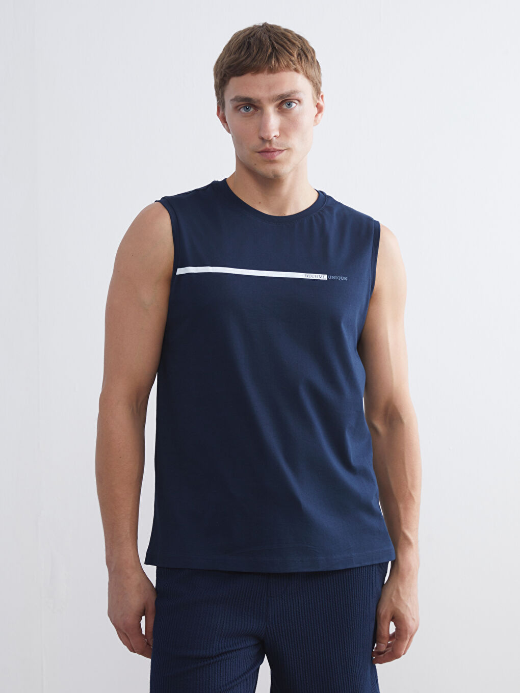 Lacivert Bisiklet Yaka Baskılı Penye Erkek Kolsuz Tişört 2'li Paket-5