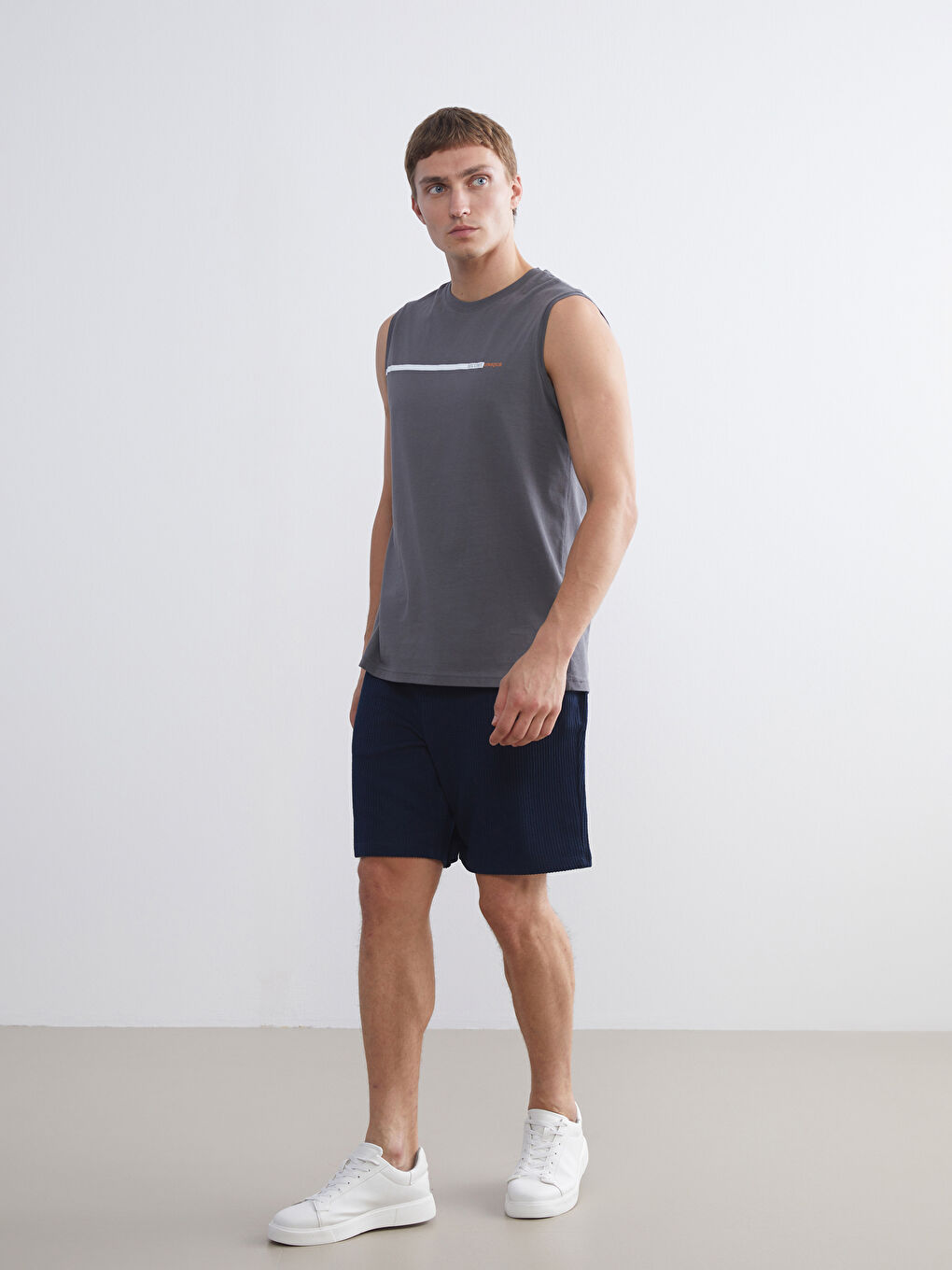 Lacivert Bisiklet Yaka Baskılı Penye Erkek Kolsuz Tişört 2'li Paket-7