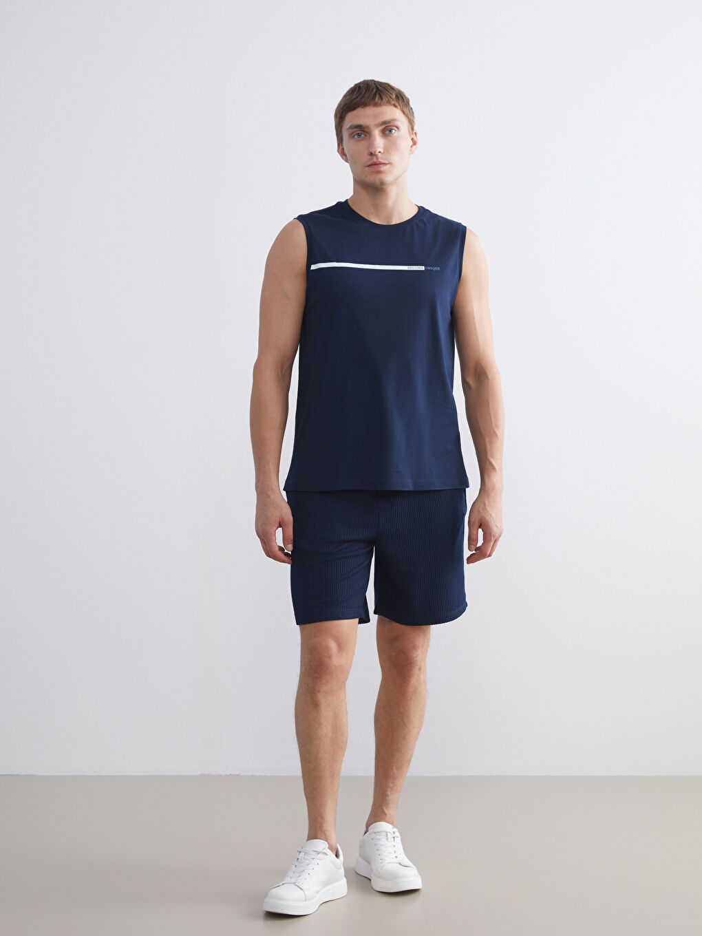 Lacivert Bisiklet Yaka Baskılı Penye Erkek Kolsuz Tişört 2'li Paket-9