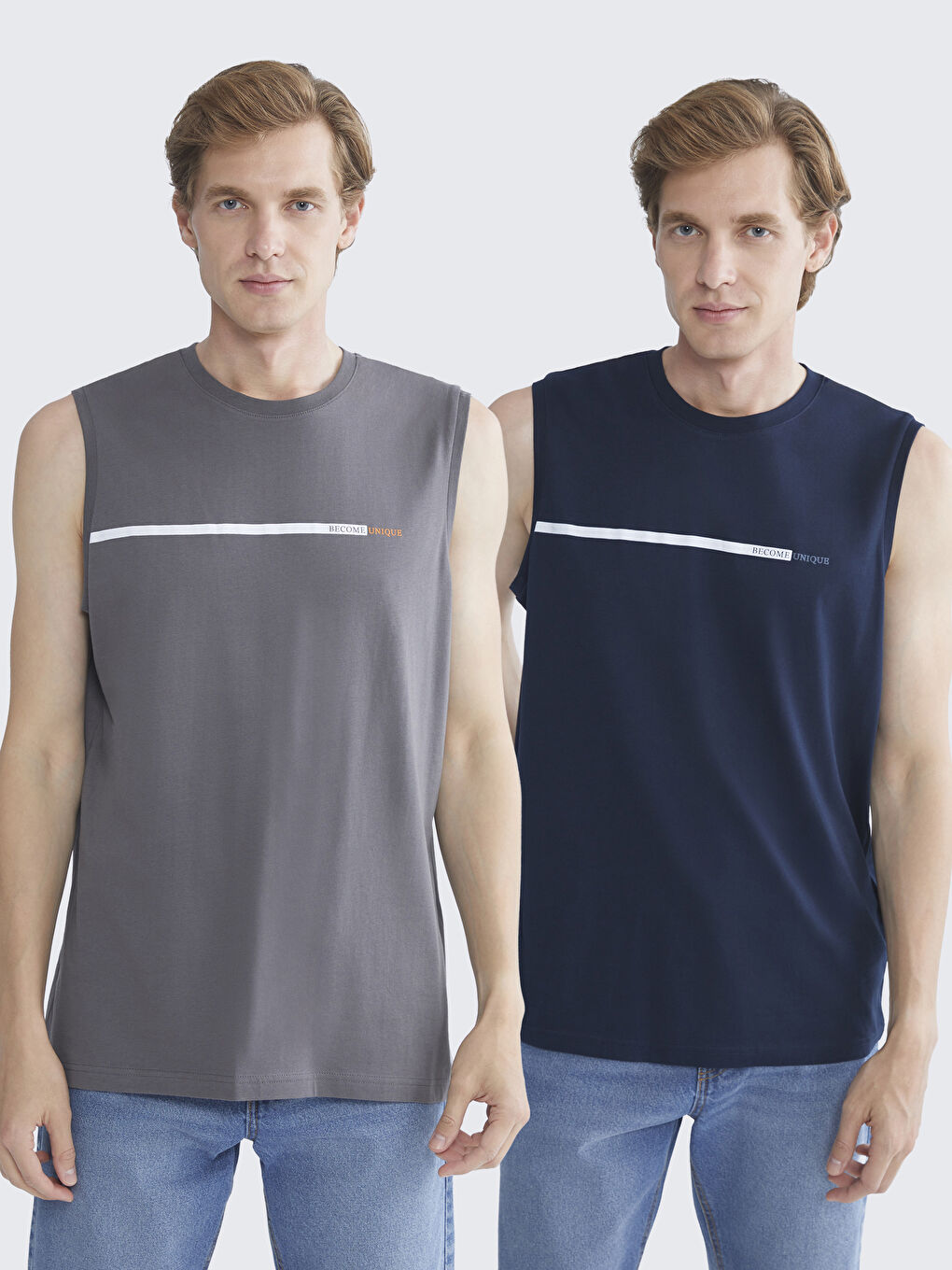 Lacivert Bisiklet Yaka Baskılı Penye Erkek Kolsuz Tişört 2'li Paket-1