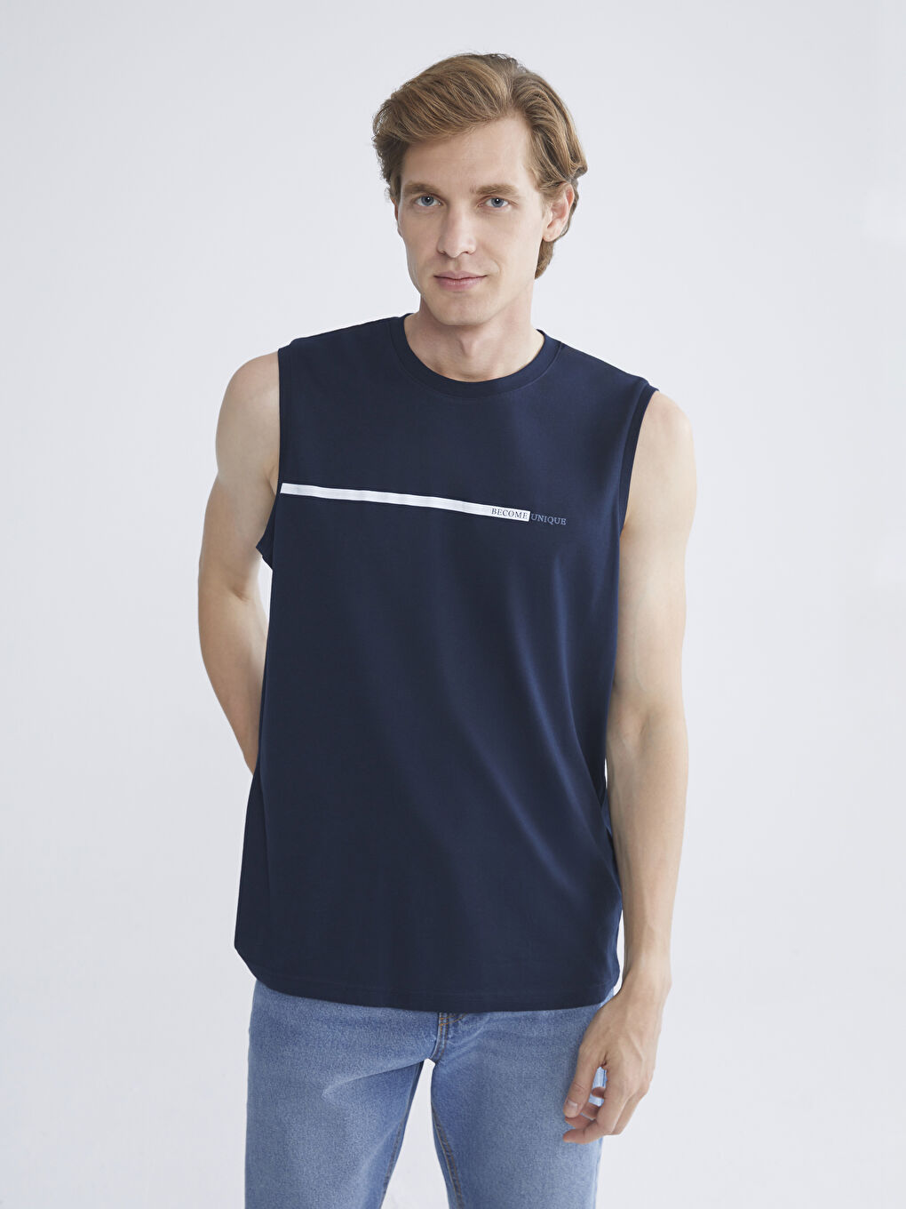 Lacivert Bisiklet Yaka Baskılı Penye Erkek Kolsuz Tişört 2'li Paket-2