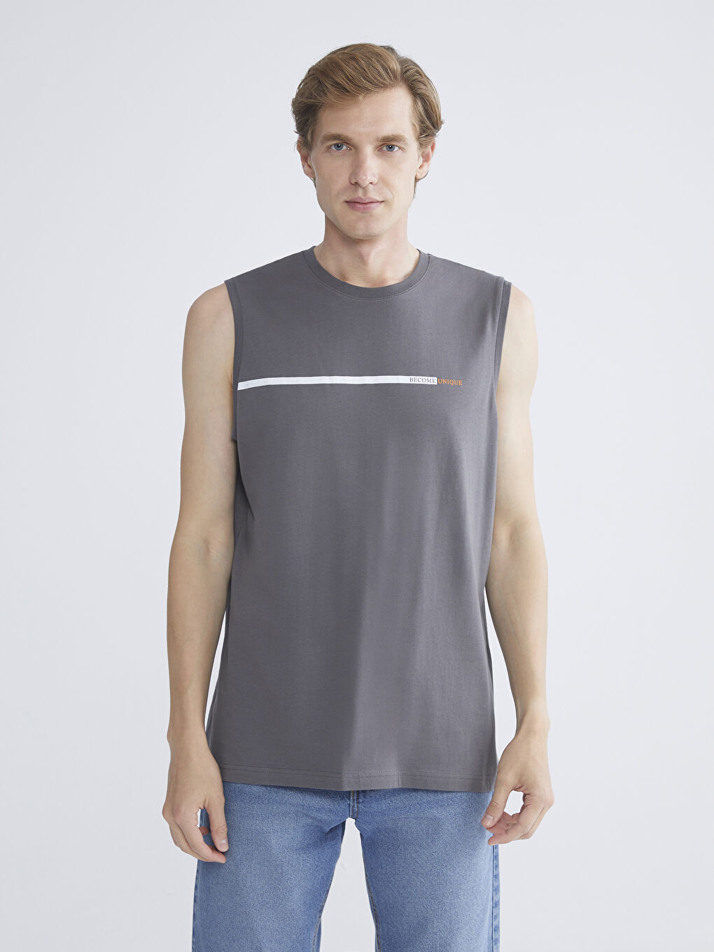 Lacivert Bisiklet Yaka Baskılı Penye Erkek Kolsuz Tişört 2'li Paket-4