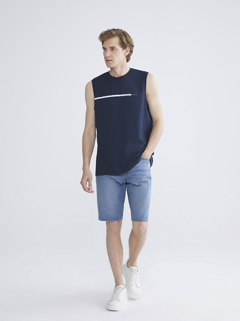 Lacivert Bisiklet Yaka Baskılı Penye Erkek Kolsuz Tişört 2'li Paket-6