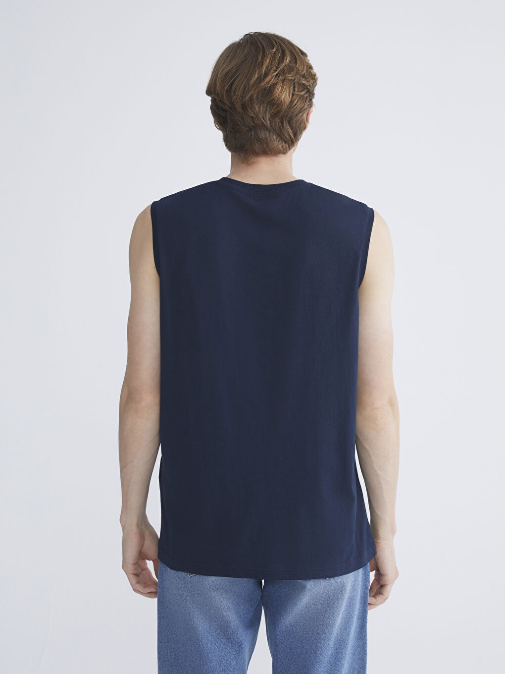 Lacivert Bisiklet Yaka Baskılı Penye Erkek Kolsuz Tişört 2'li Paket-10