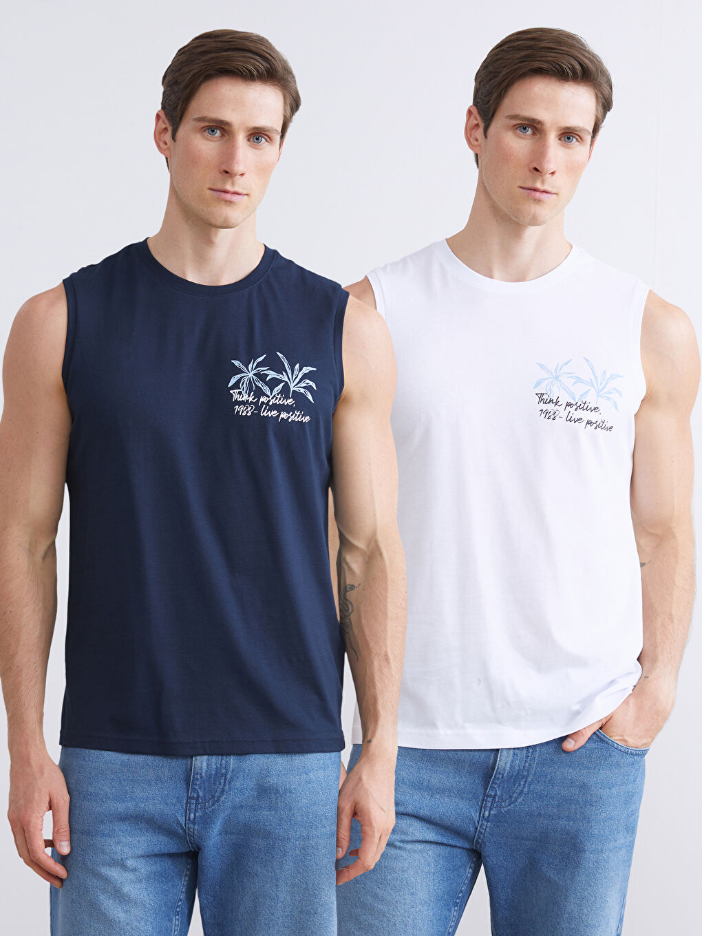 Lacivert Bisiklet Yaka Baskılı Penye Erkek Kolsuz Tişört-1