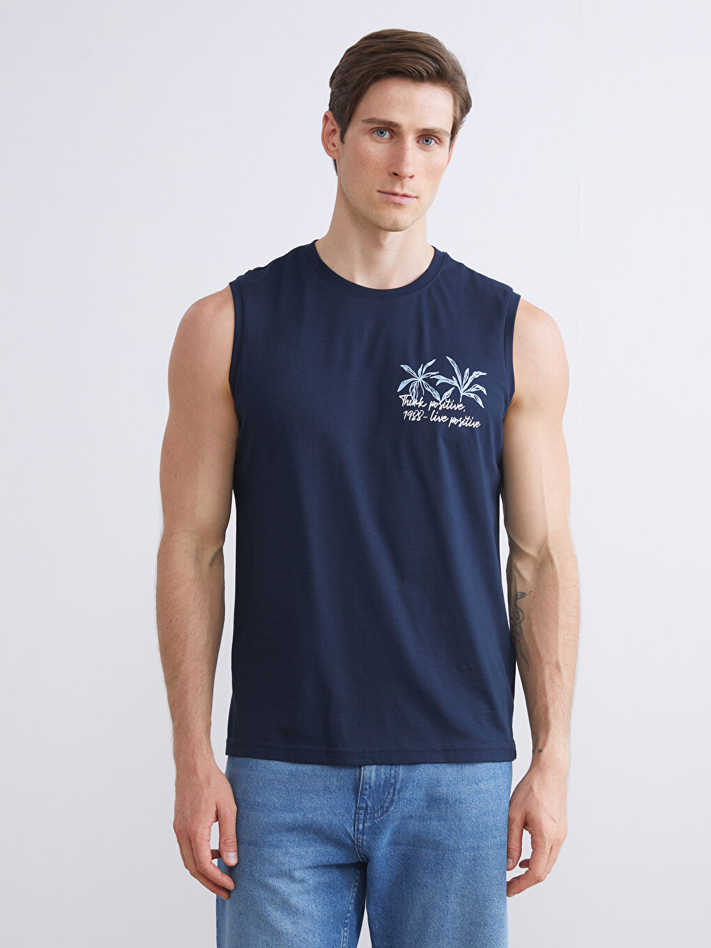 Lacivert Bisiklet Yaka Baskılı Penye Erkek Kolsuz Tişört