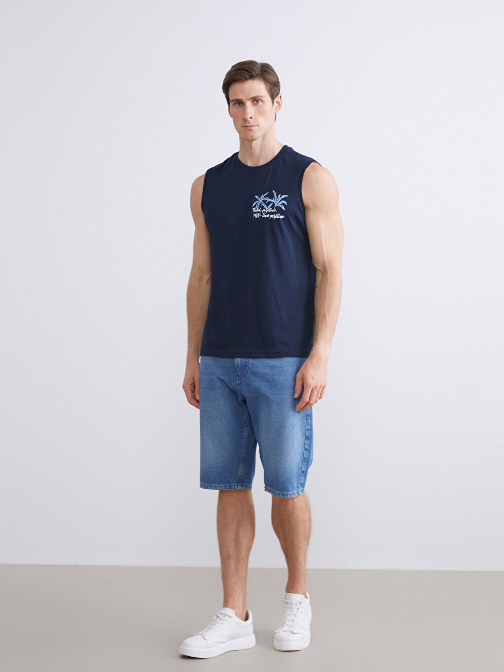 Lacivert Bisiklet Yaka Baskılı Penye Erkek Kolsuz Tişört-2