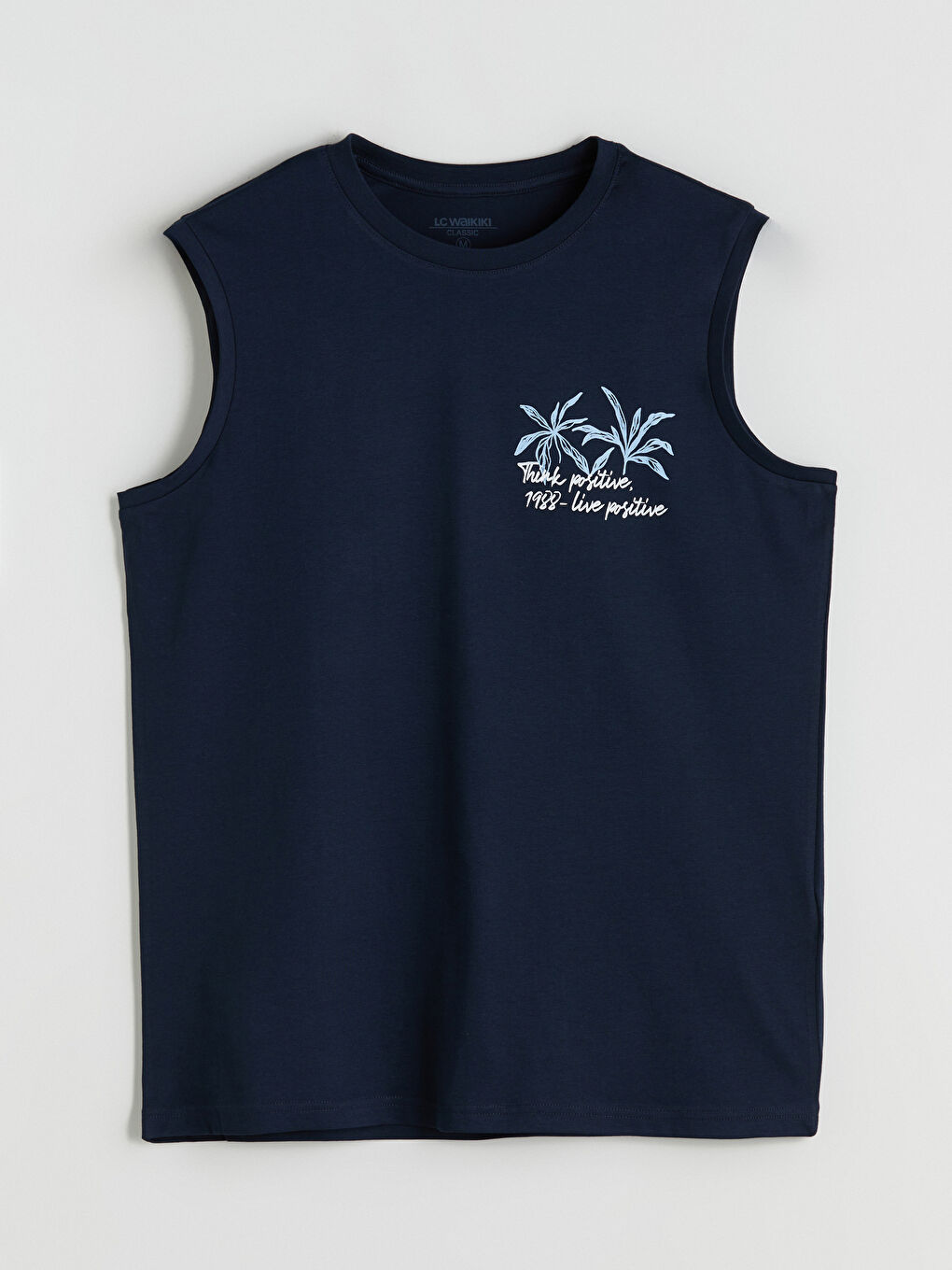 Lacivert Bisiklet Yaka Baskılı Penye Erkek Kolsuz Tişört-3