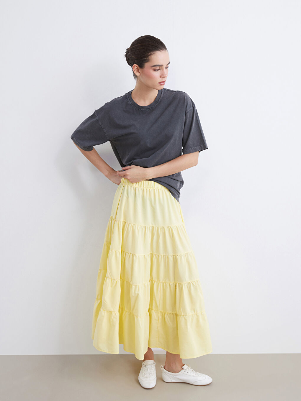 Sarı Beli Lastikli Katkat Poplin Etek