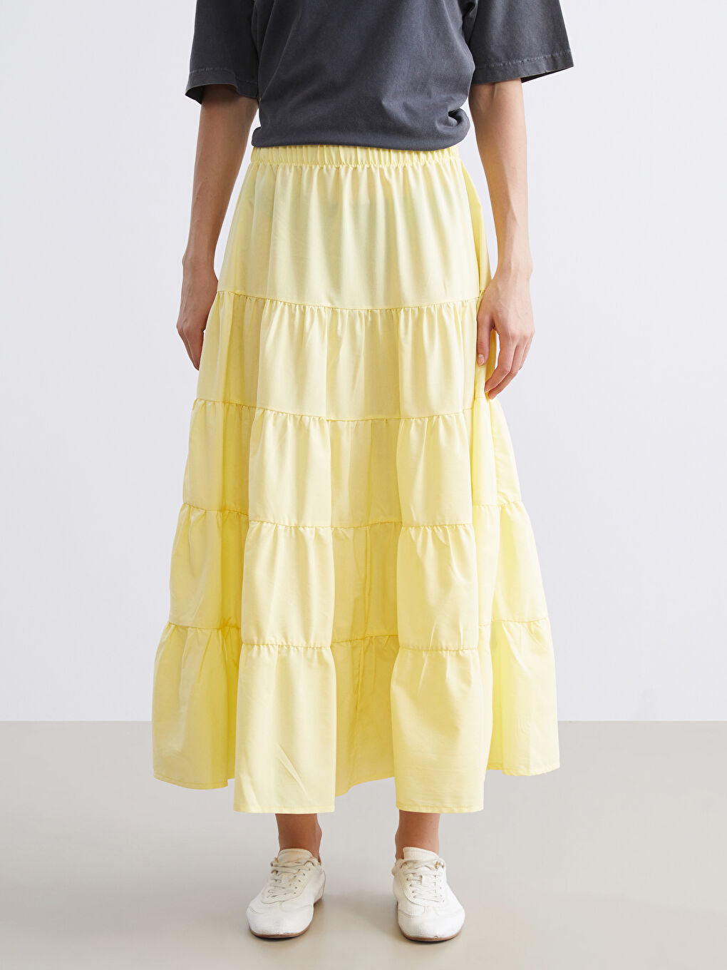 Sarı Beli Lastikli Katkat Poplin Etek-1