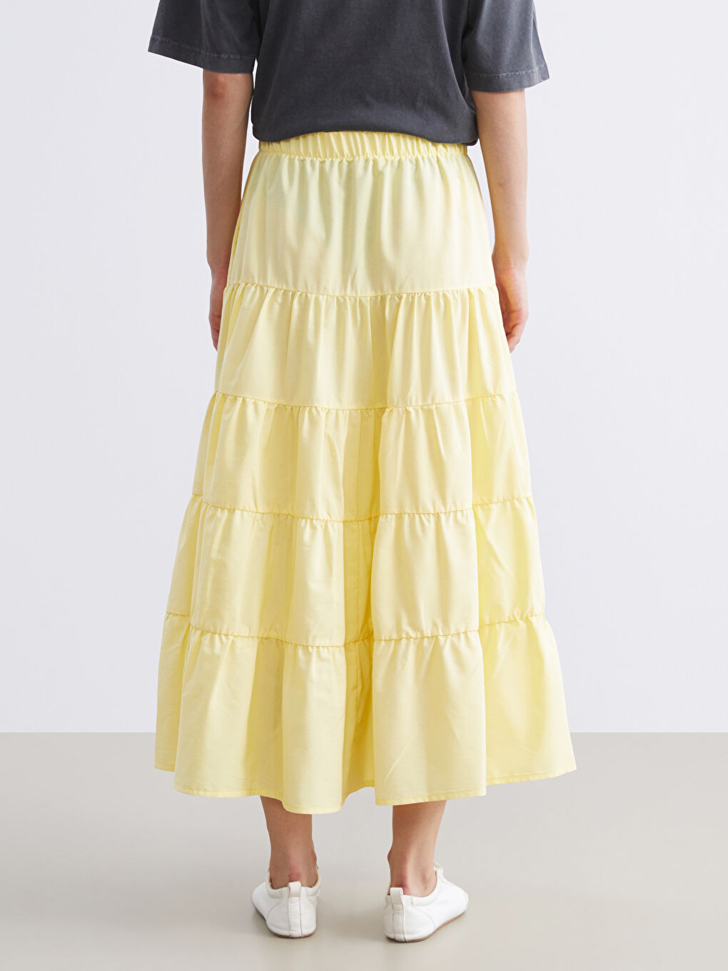 Sarı Beli Lastikli Katkat Poplin Etek-3