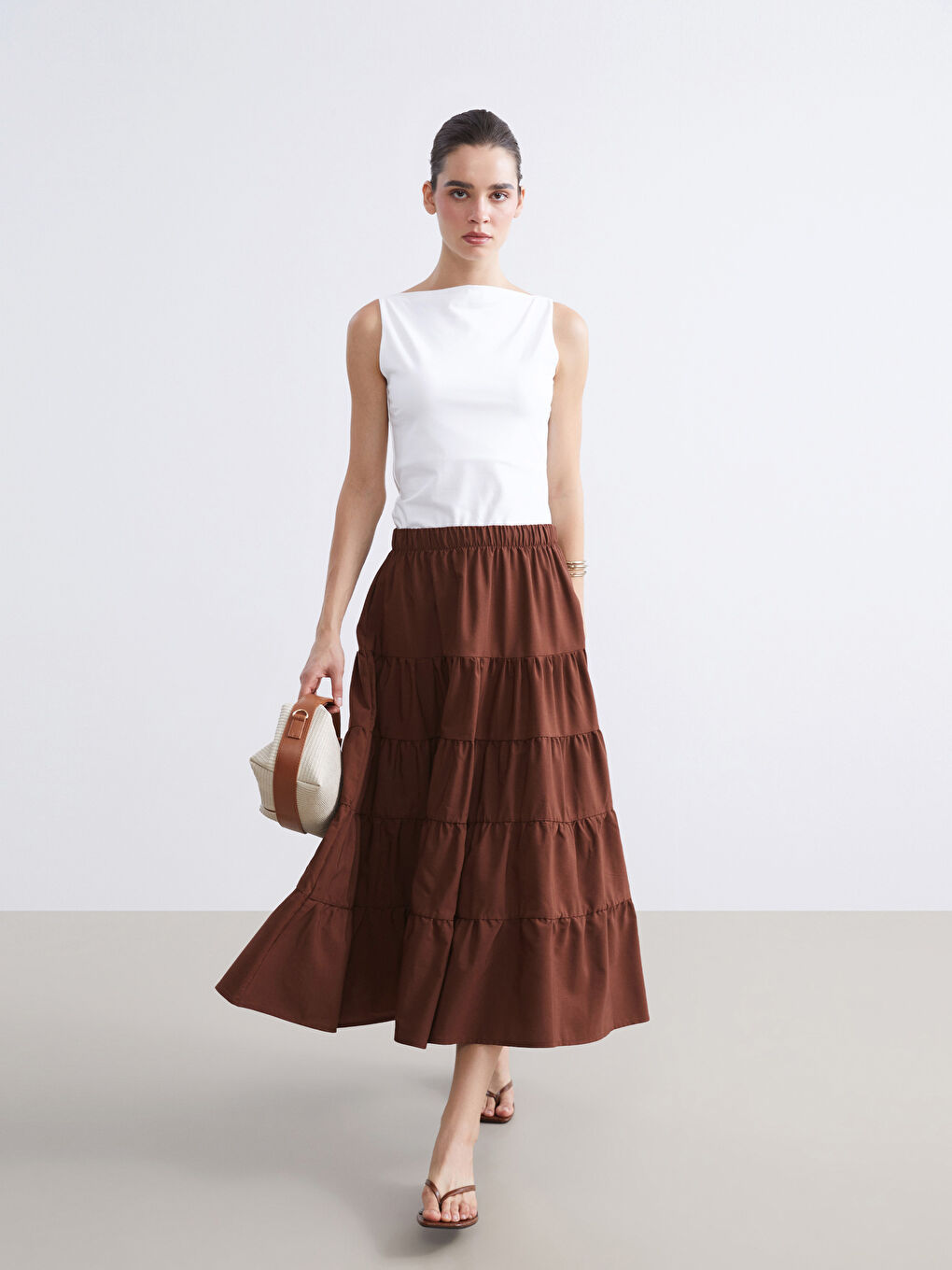 Kahverengi Beli Lastikli Katkat Poplin Etek