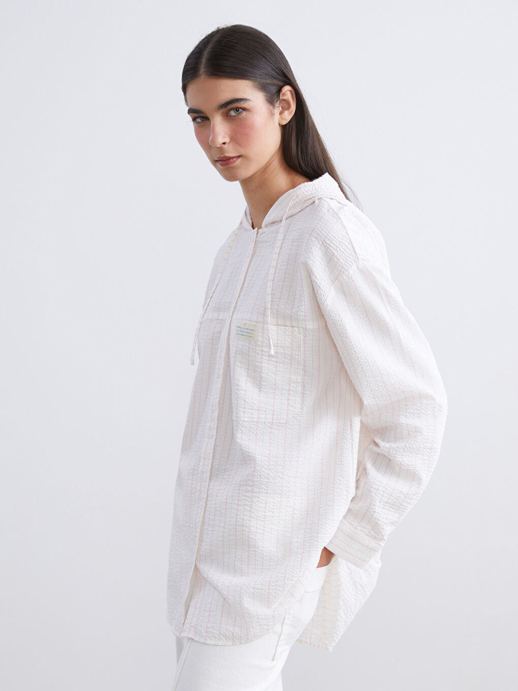 Pembe Kapüşonlu Çizgili Kadın Gömlek Tunik