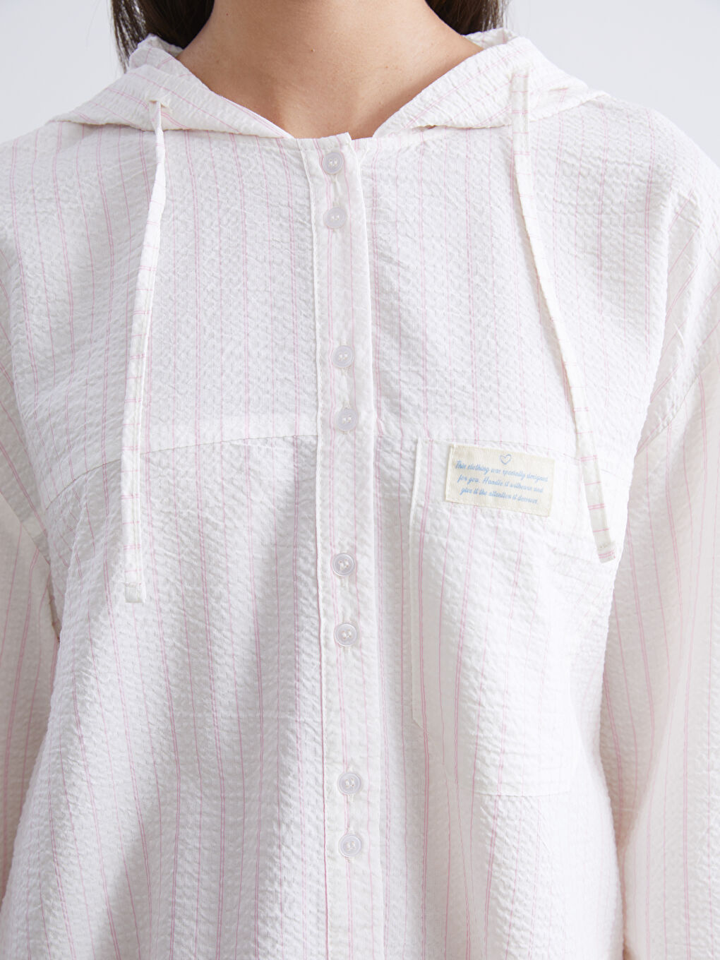 Pembe Kapüşonlu Çizgili Kadın Gömlek Tunik-2