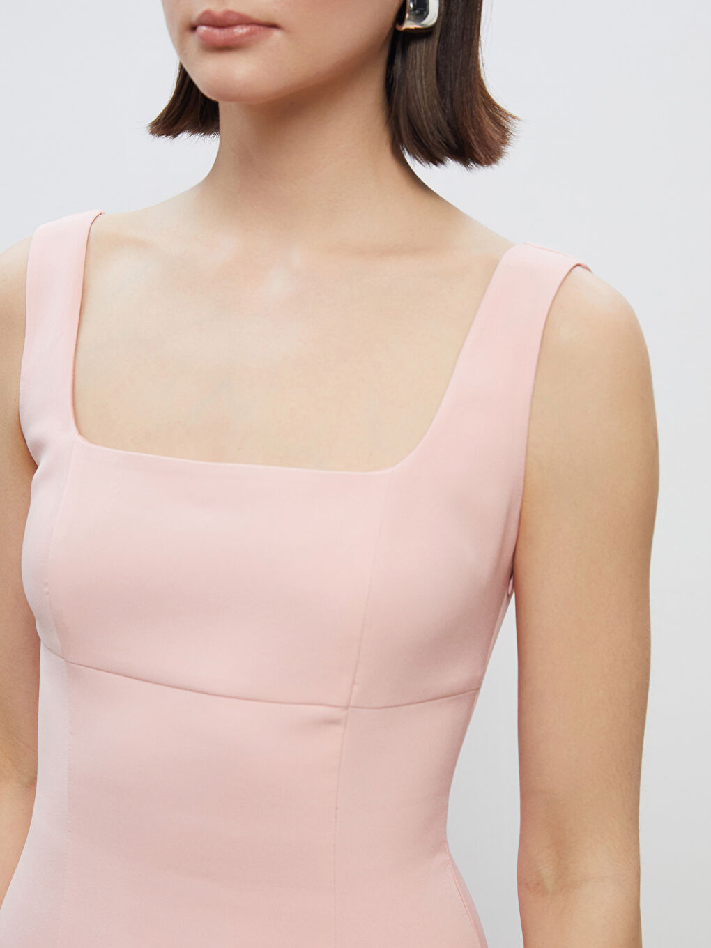 Pembe Kare Yaka Krep Mini Elbise-2