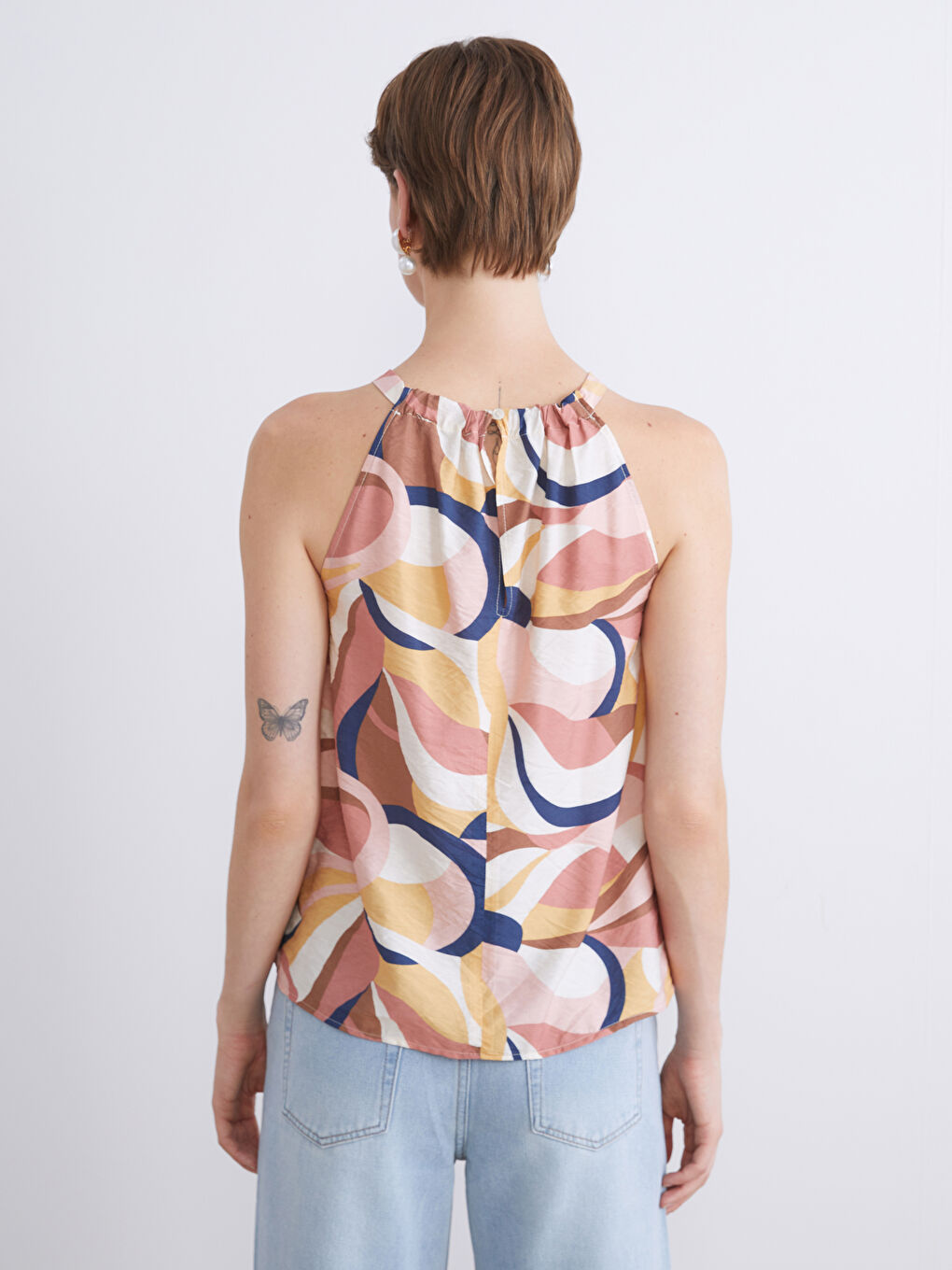 Kahverengi Halter Yaka Desenli Bluz-3