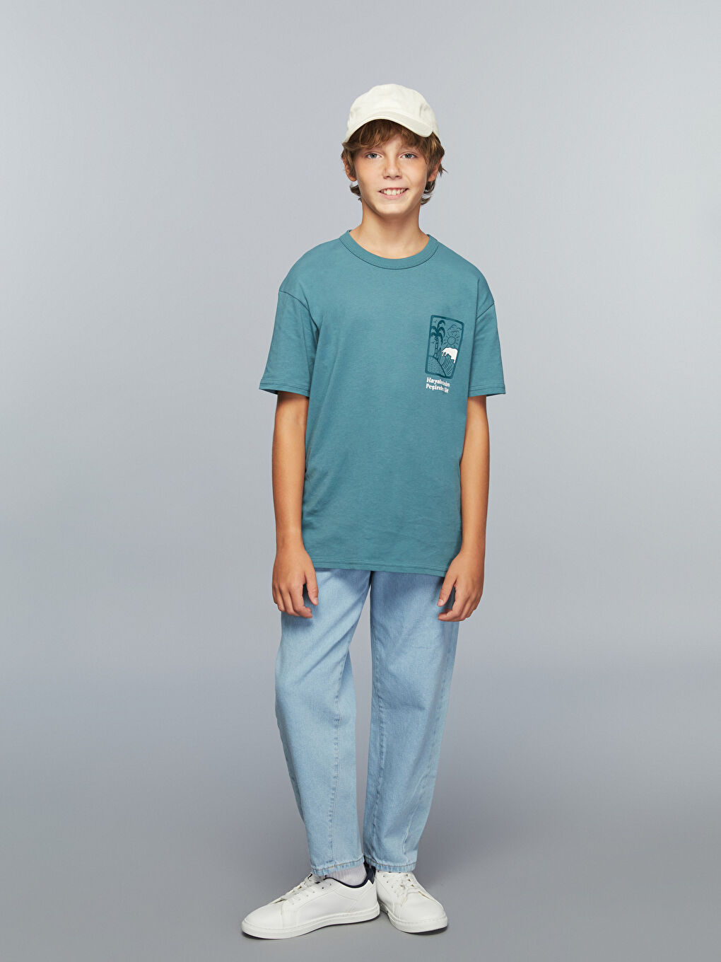 Yeşil Bisiklet Yaka Slogan Baskılı Erkek Çocuk Tişört-1