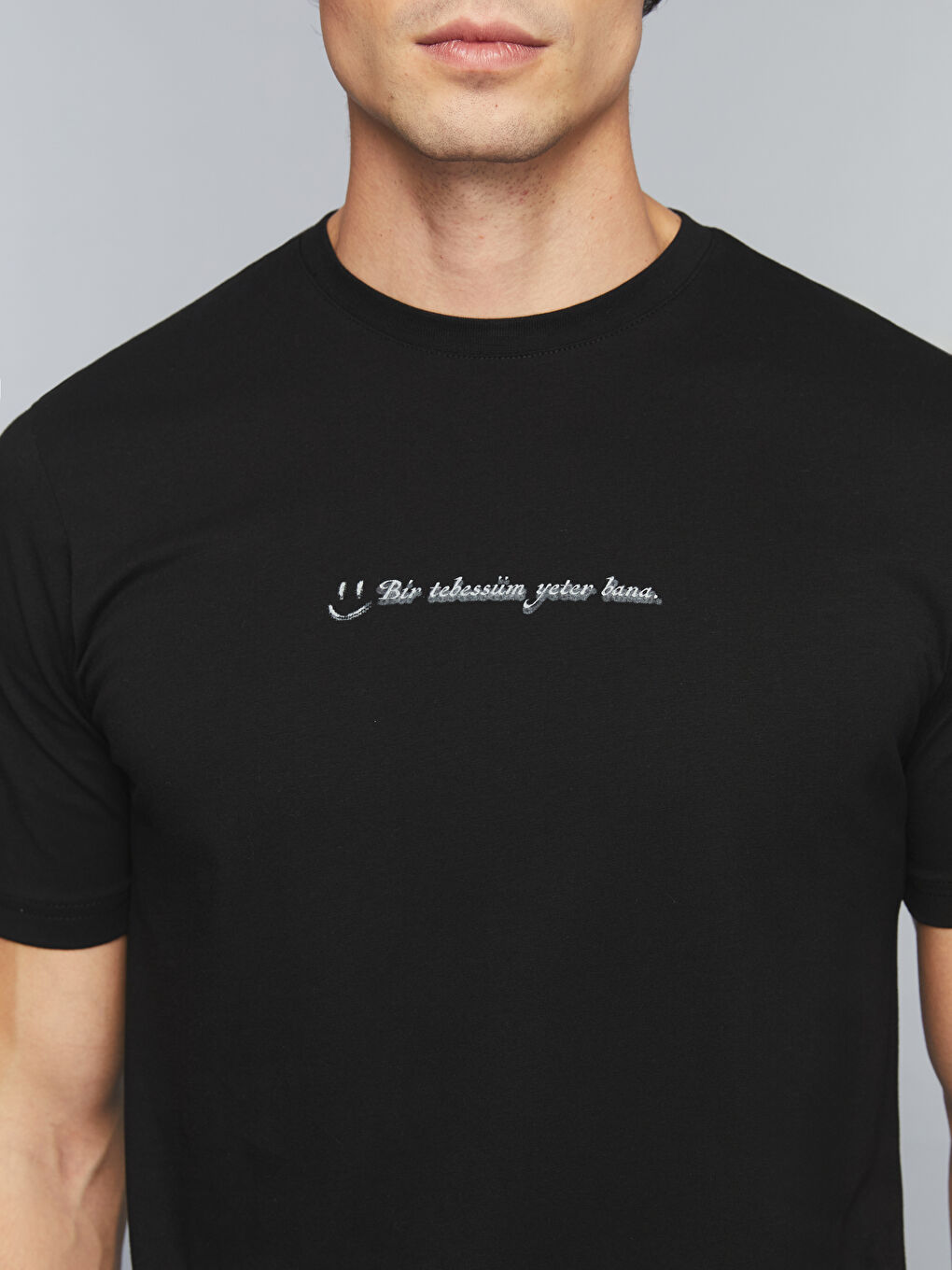 Siyah Bisiklet Yaka Slogan Baskılı Penye Erkek Tişört-2