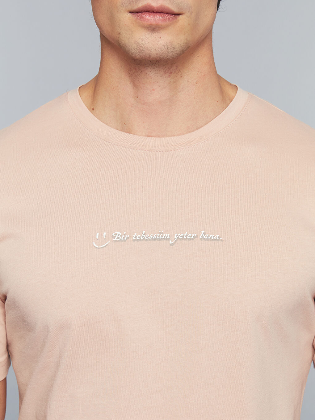 Pembe Bisiklet Yaka Slogan Baskılı Penye Erkek Tişört-2