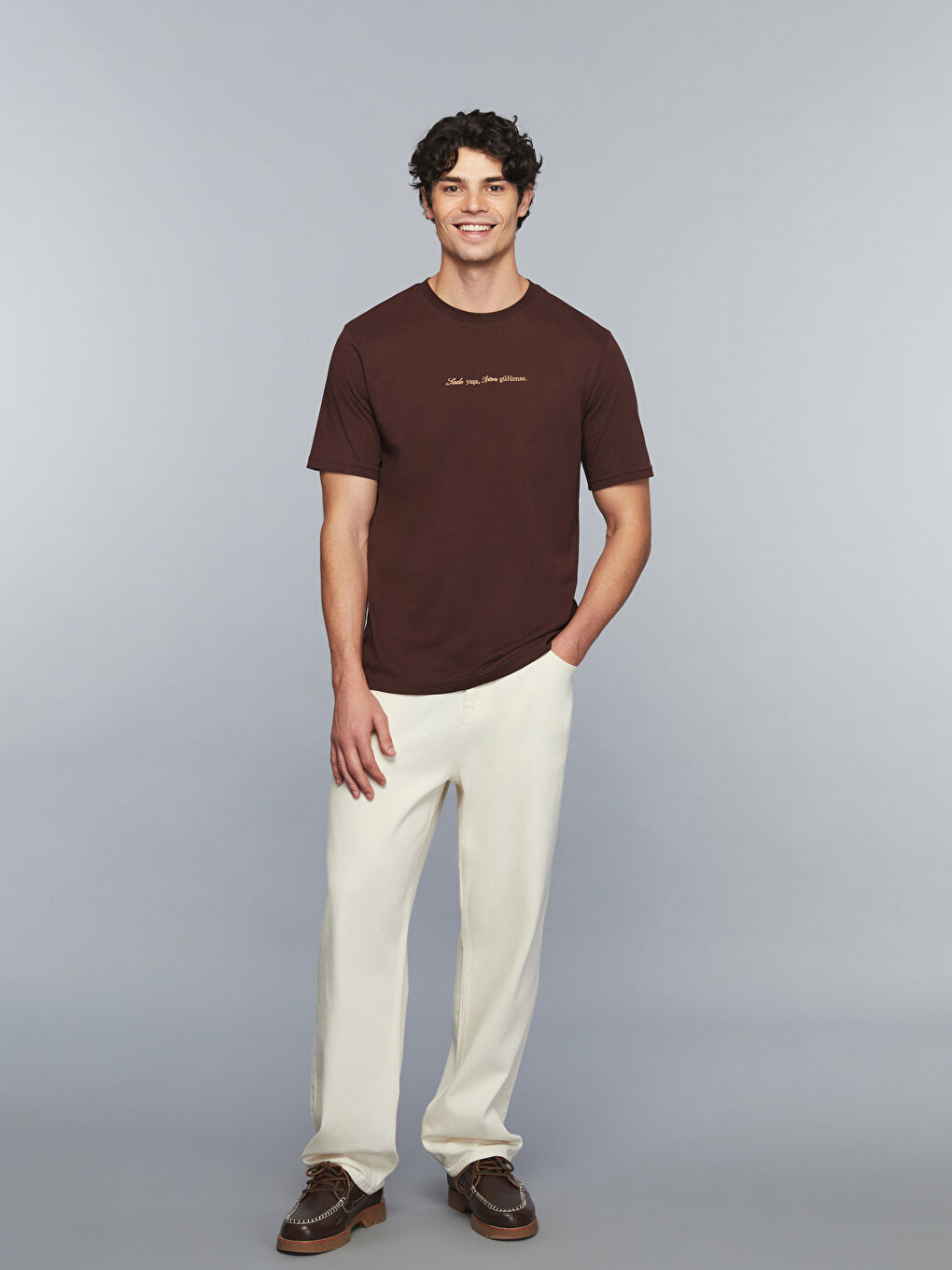 Bordo Bisiklet Yaka Slogan Baskılı Penye Erkek Tişört-1