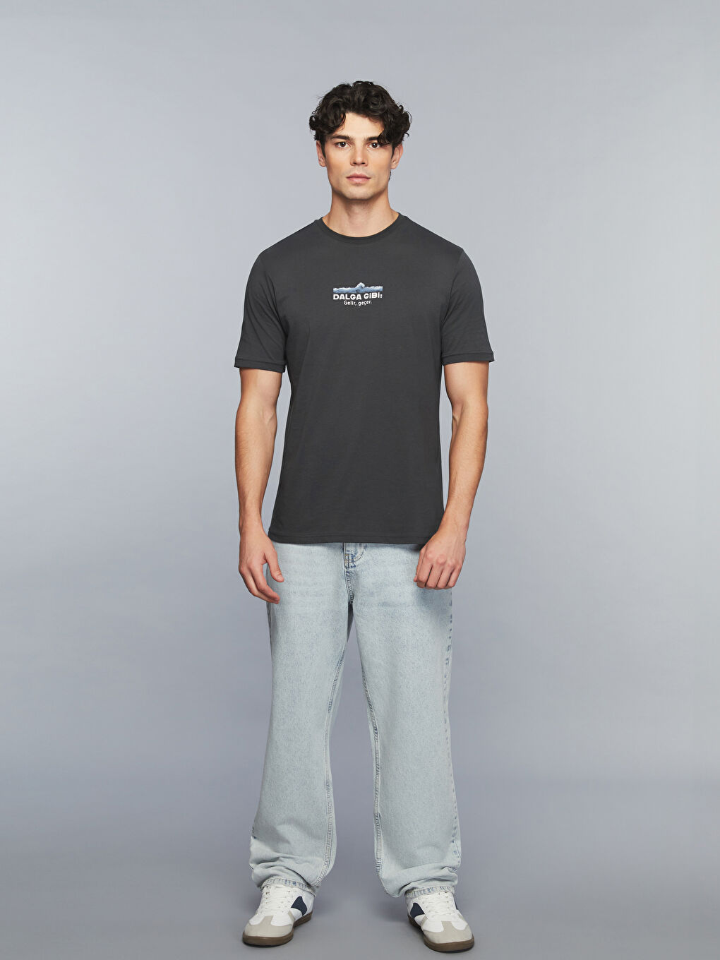 Antrasit Bisiklet Yaka Slogan Baskılı Penye Erkek Tişört-1
