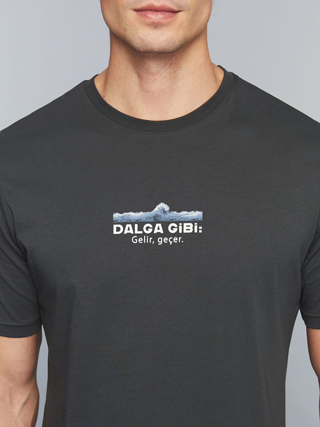 Antrasit Bisiklet Yaka Slogan Baskılı Penye Erkek Tişört-2