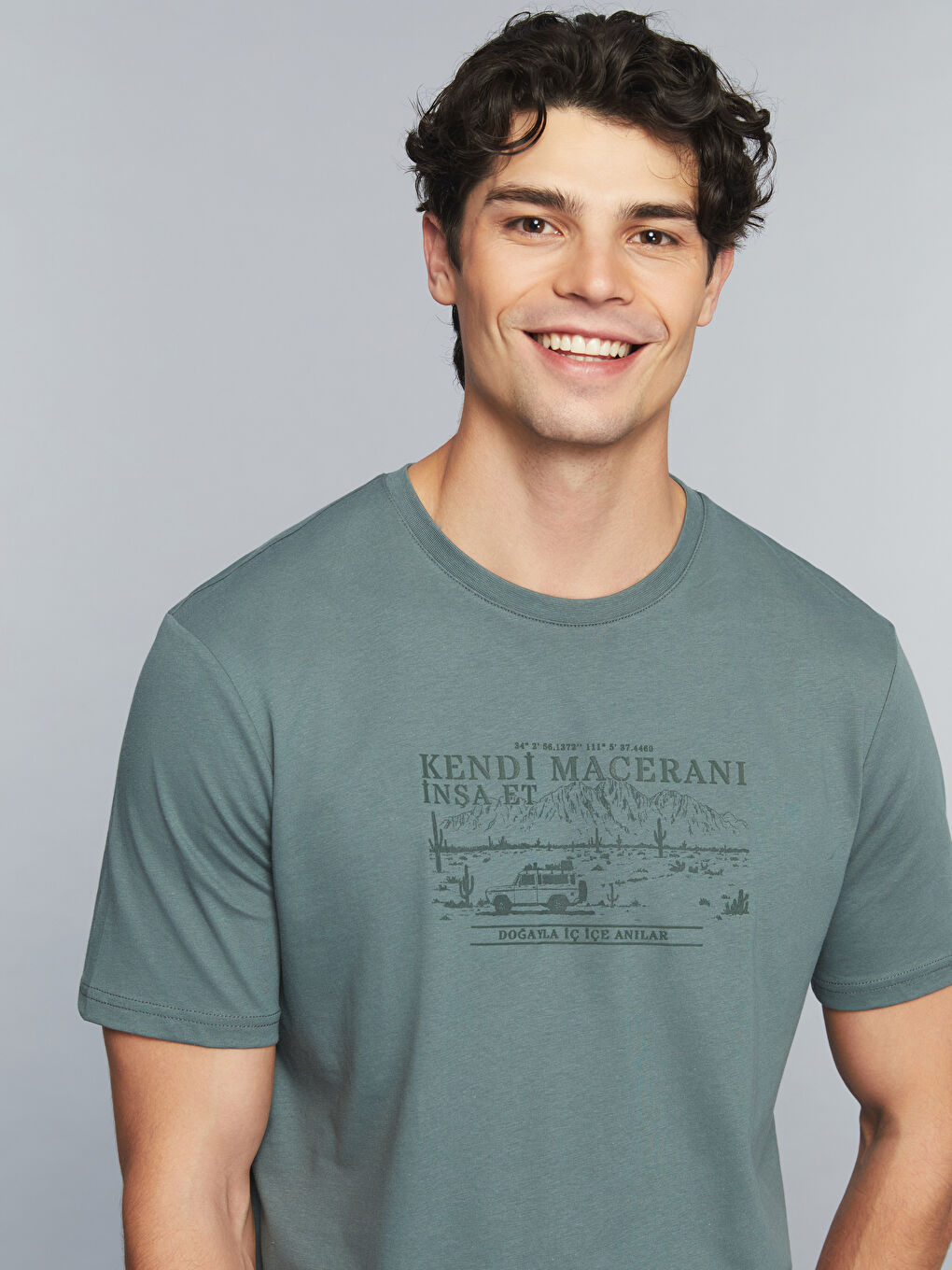 Yeşil Bisiklet Yaka Slogan Baskılı Penye Erkek Tişört