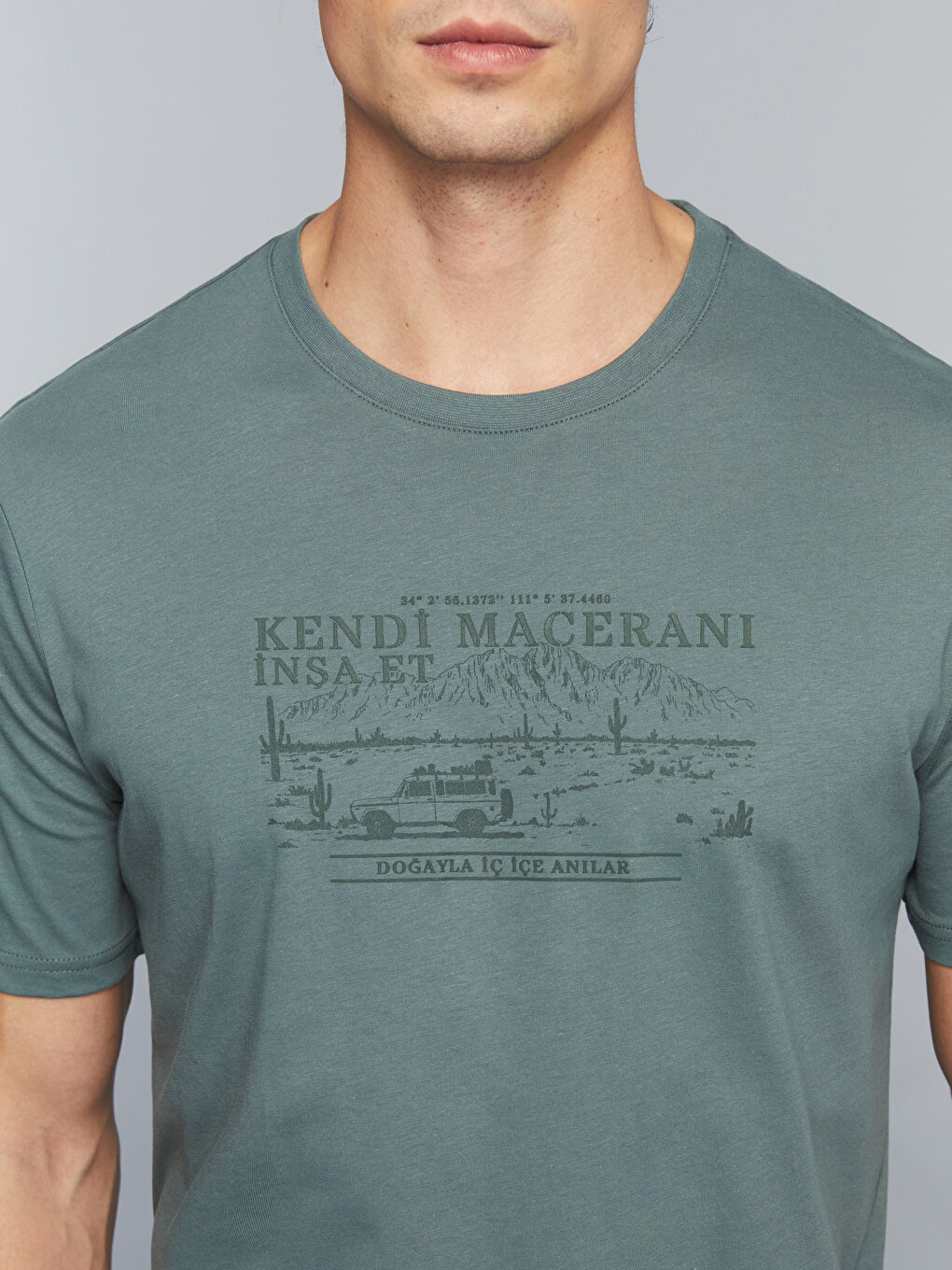 Yeşil Bisiklet Yaka Slogan Baskılı Penye Erkek Tişört-2
