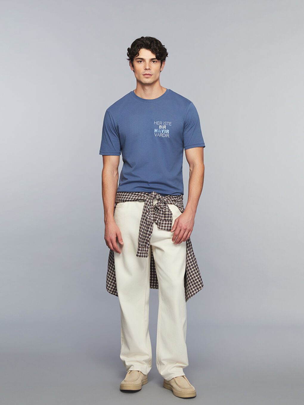 İndigo Bisiklet Yaka Slogan Baskılı Penye Erkek Tişört-1