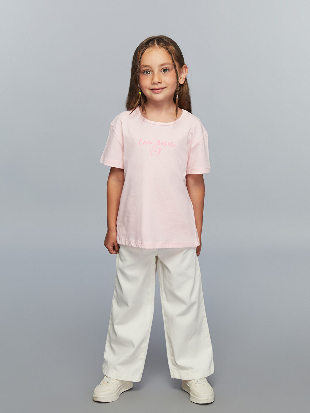 Pembe Bisiklet Yaka Slogan Baskılı Kız Çocuk Tişört-1