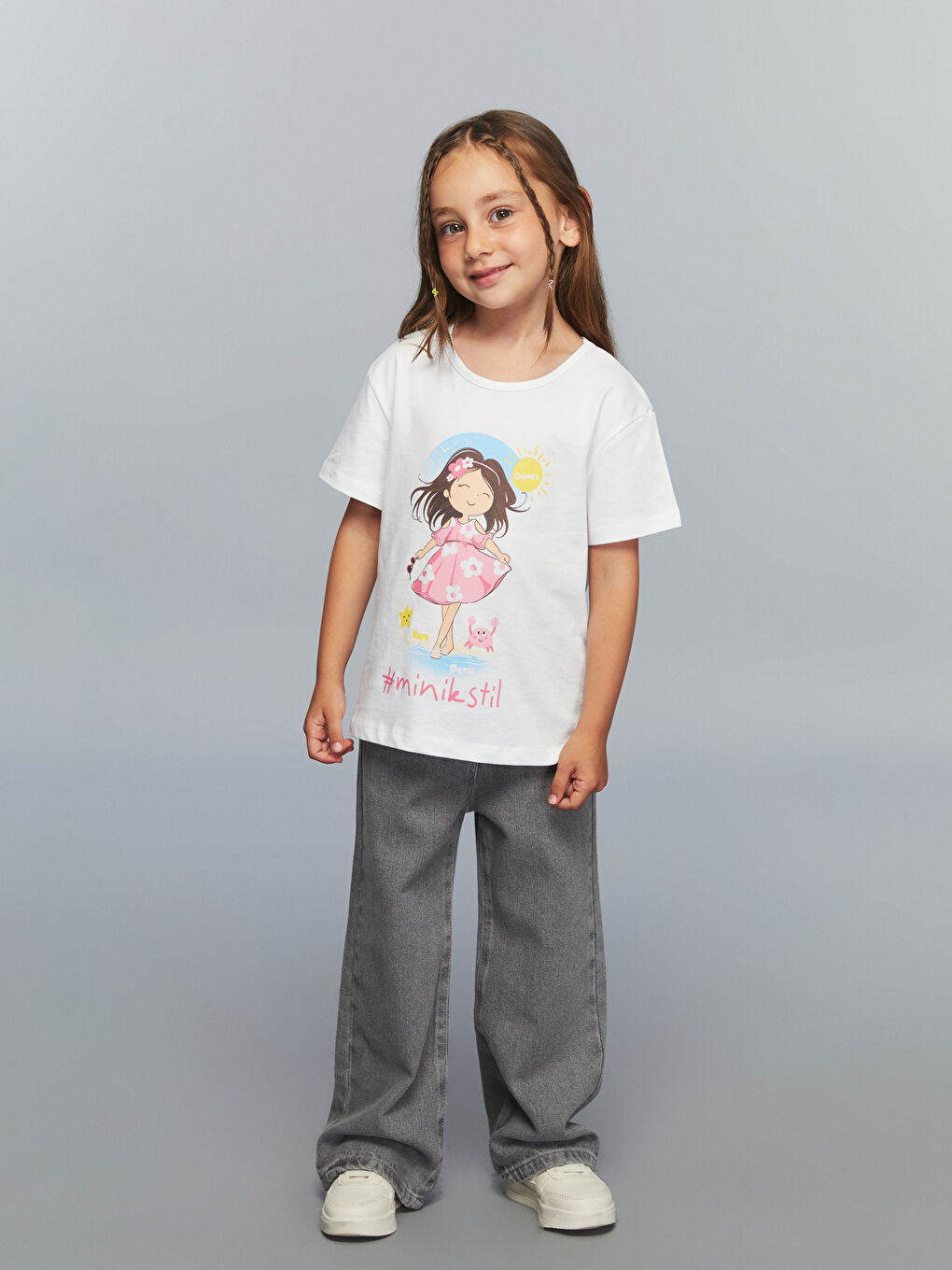 Ekru Bisiklet Yaka Slogan Baskılı Kız Çocuk Tişört-1