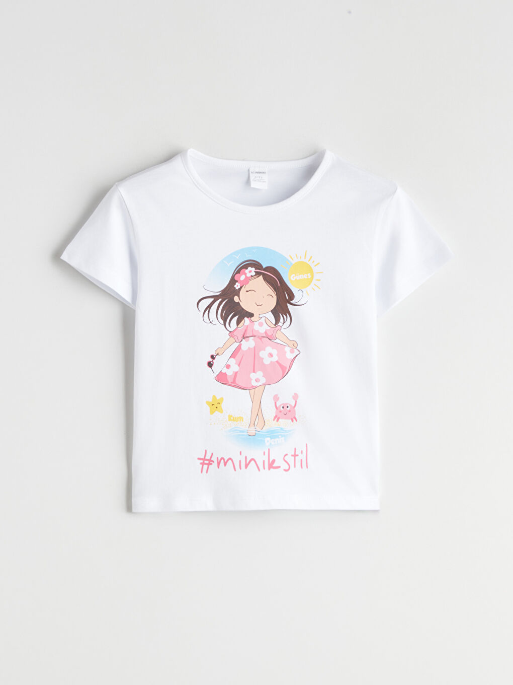Ekru Bisiklet Yaka Slogan Baskılı Kız Çocuk Tişört-2