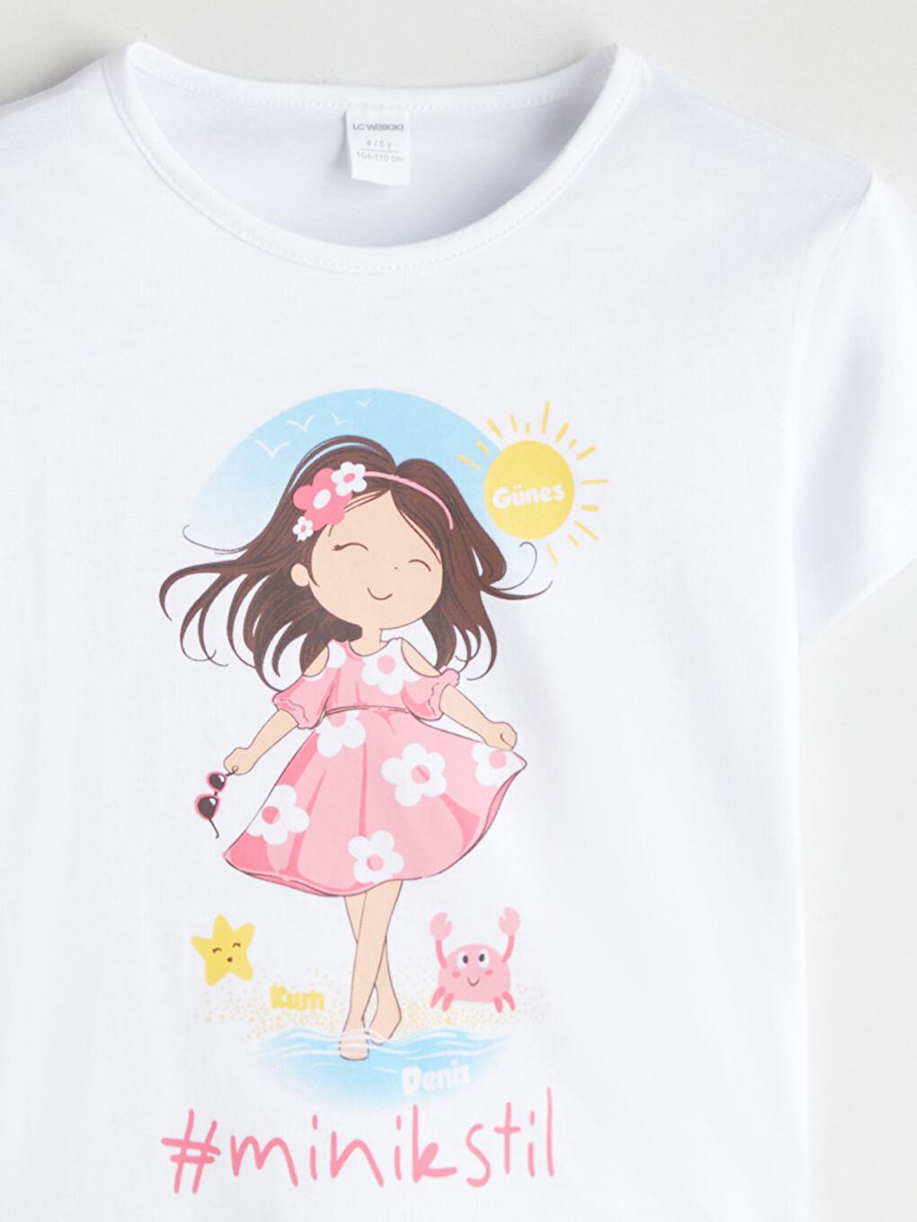 Ekru Bisiklet Yaka Slogan Baskılı Kız Çocuk Tişört-4