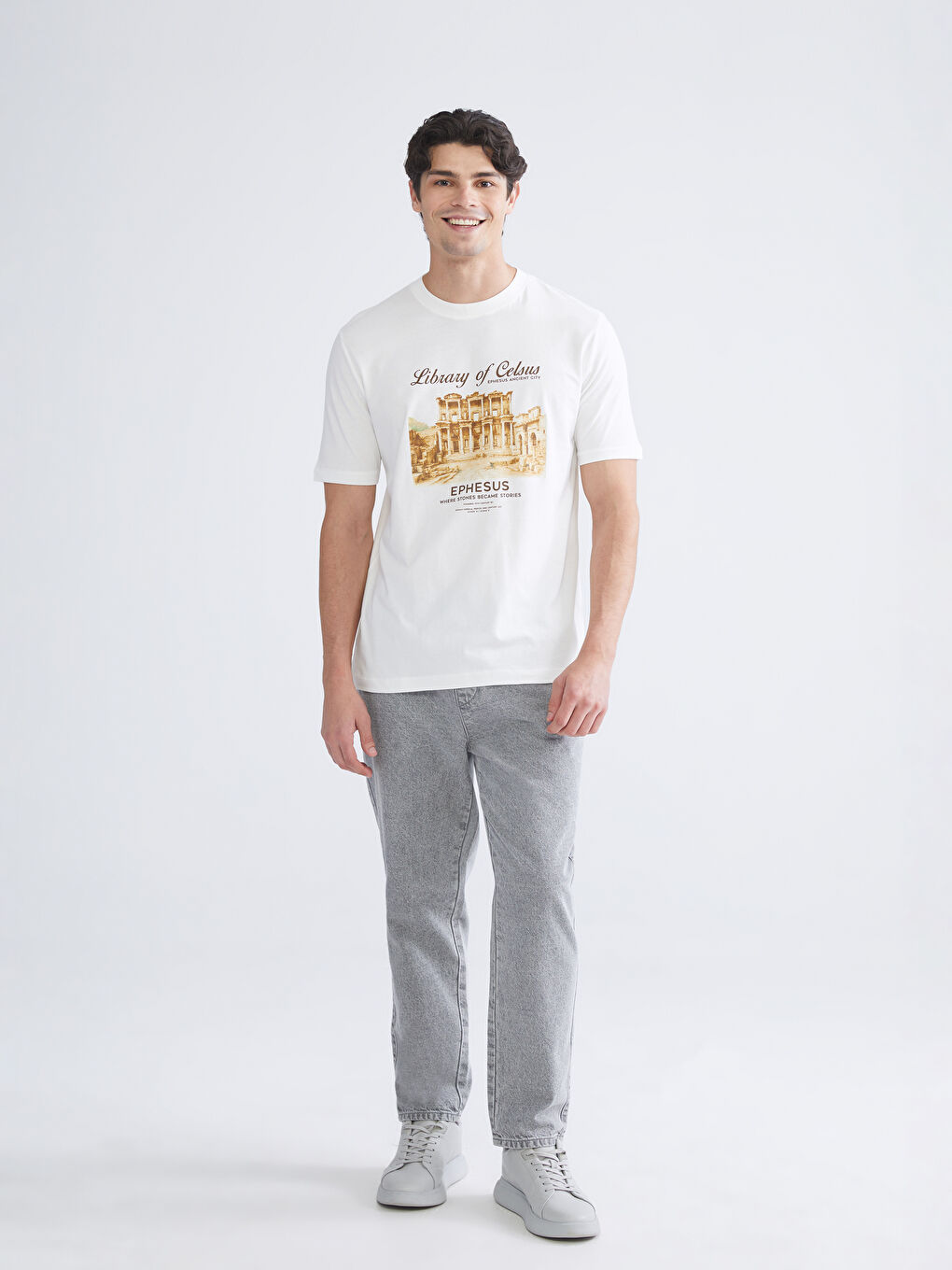 Ekru Bisiklet Yaka Penye Erkek Tişört-1