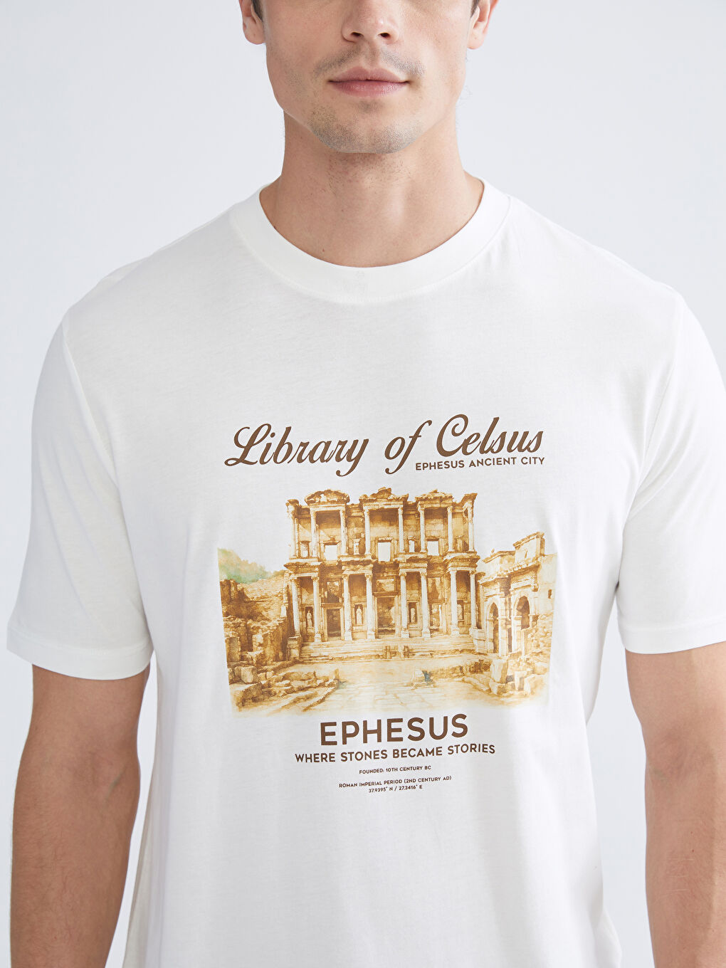 Ekru Bisiklet Yaka Penye Erkek Tişört-2