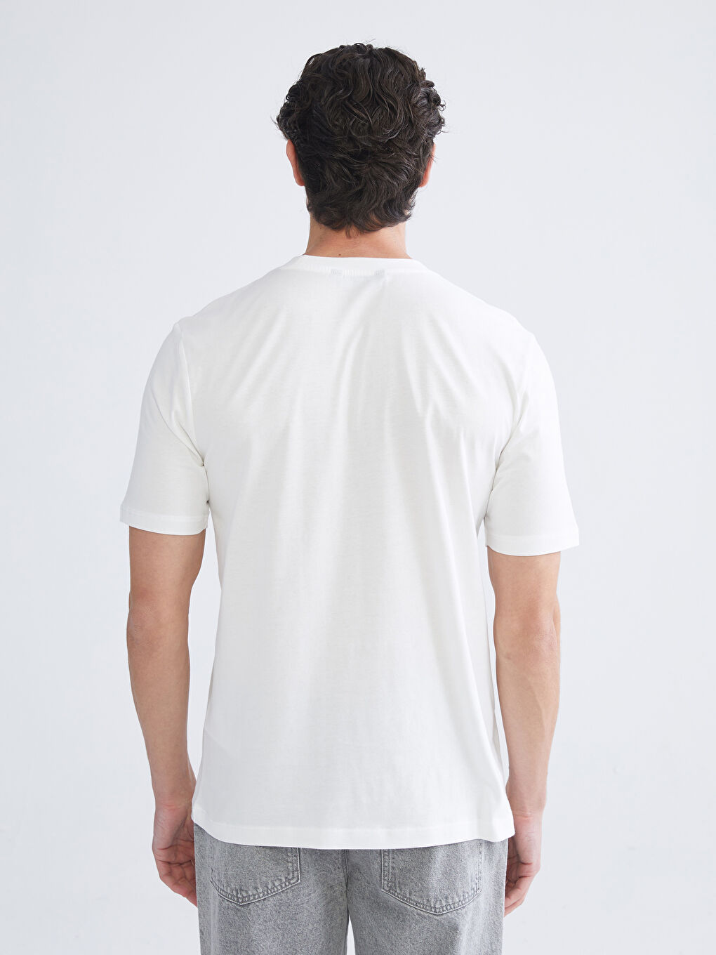 Ekru Bisiklet Yaka Penye Erkek Tişört-3