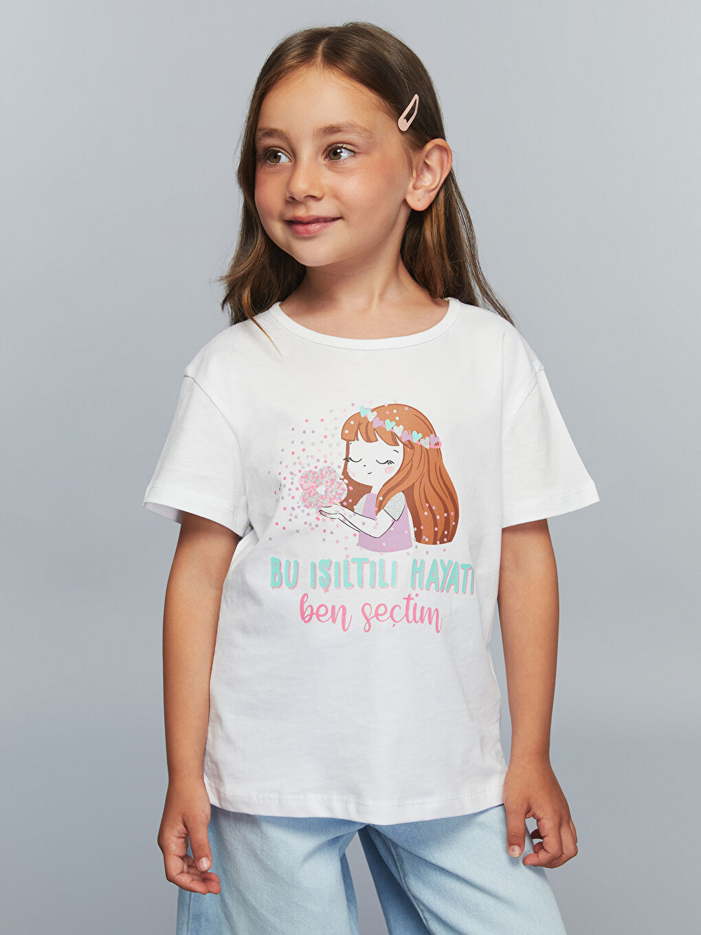 Ekru Bisiklet Yaka Baskılı Kız Çocuk Tişört