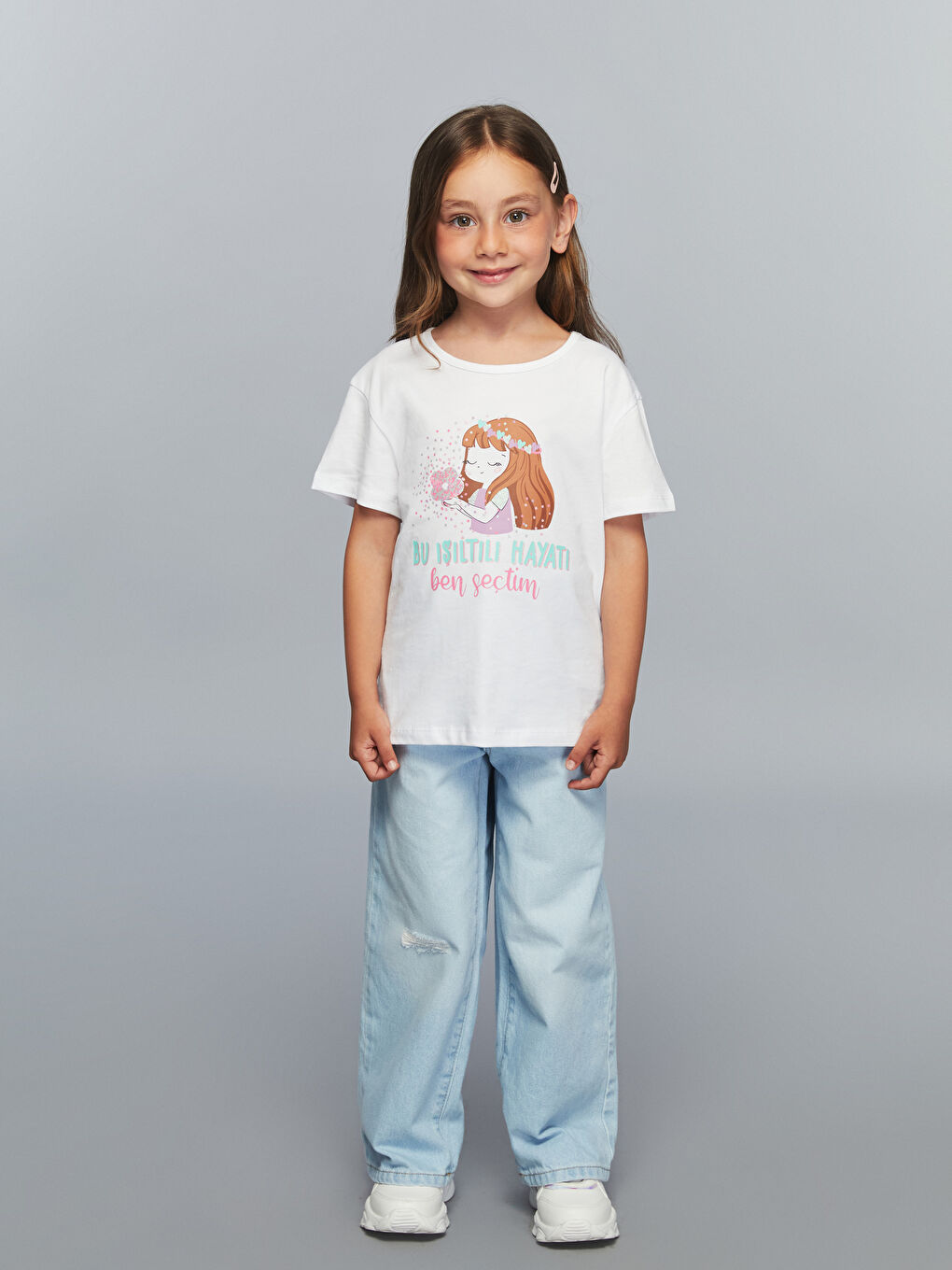 Ekru Bisiklet Yaka Baskılı Kız Çocuk Tişört-1