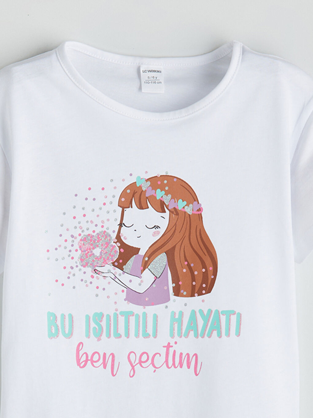 Ekru Bisiklet Yaka Baskılı Kız Çocuk Tişört-3