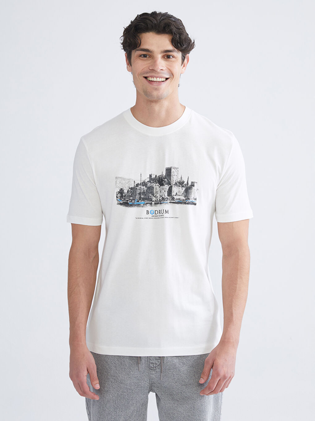 Ekru Bisiklet Yaka Penye Erkek Tişört