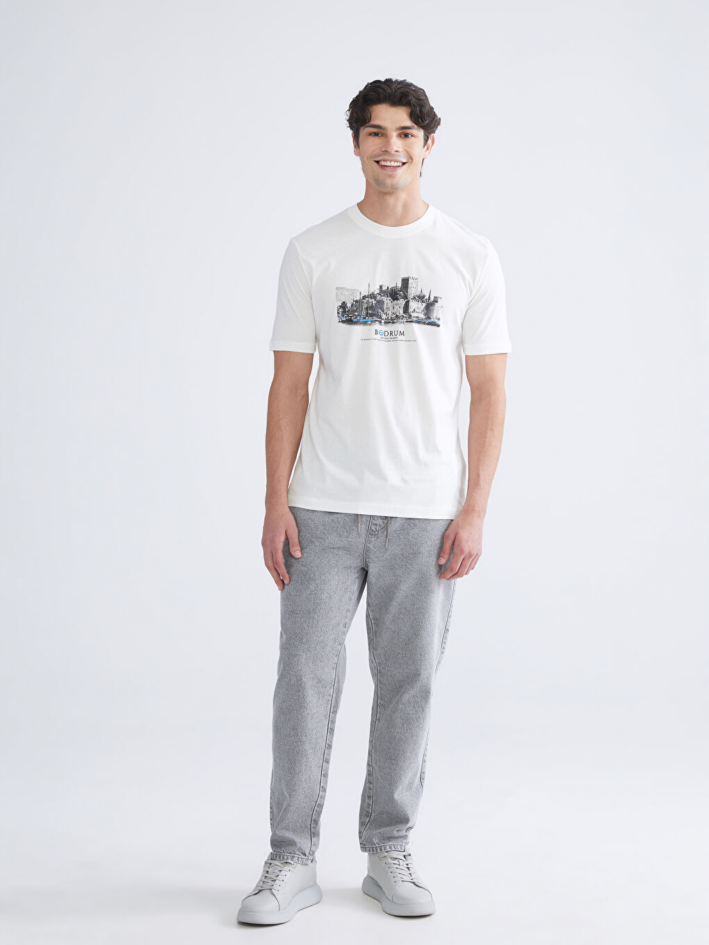 Ekru Bisiklet Yaka Penye Erkek Tişört-1