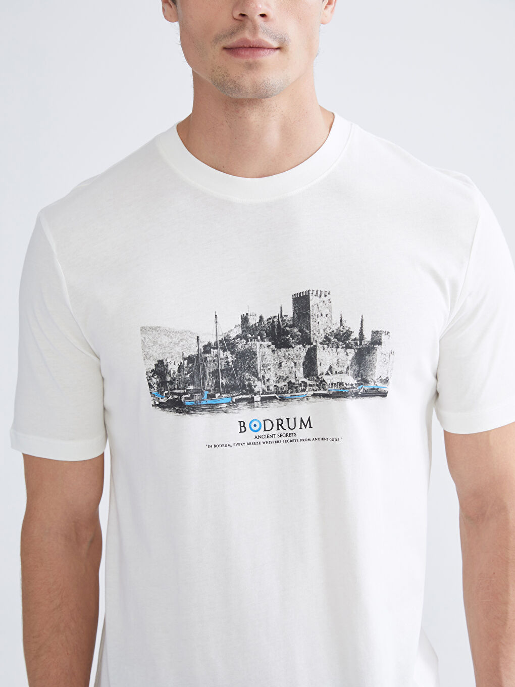 Ekru Bisiklet Yaka Penye Erkek Tişört-2