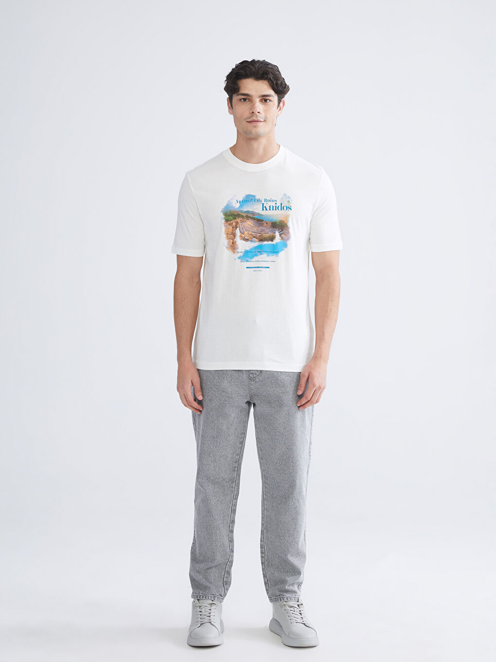 Ekru Bisiklet Yaka Penye Erkek Tişört-1