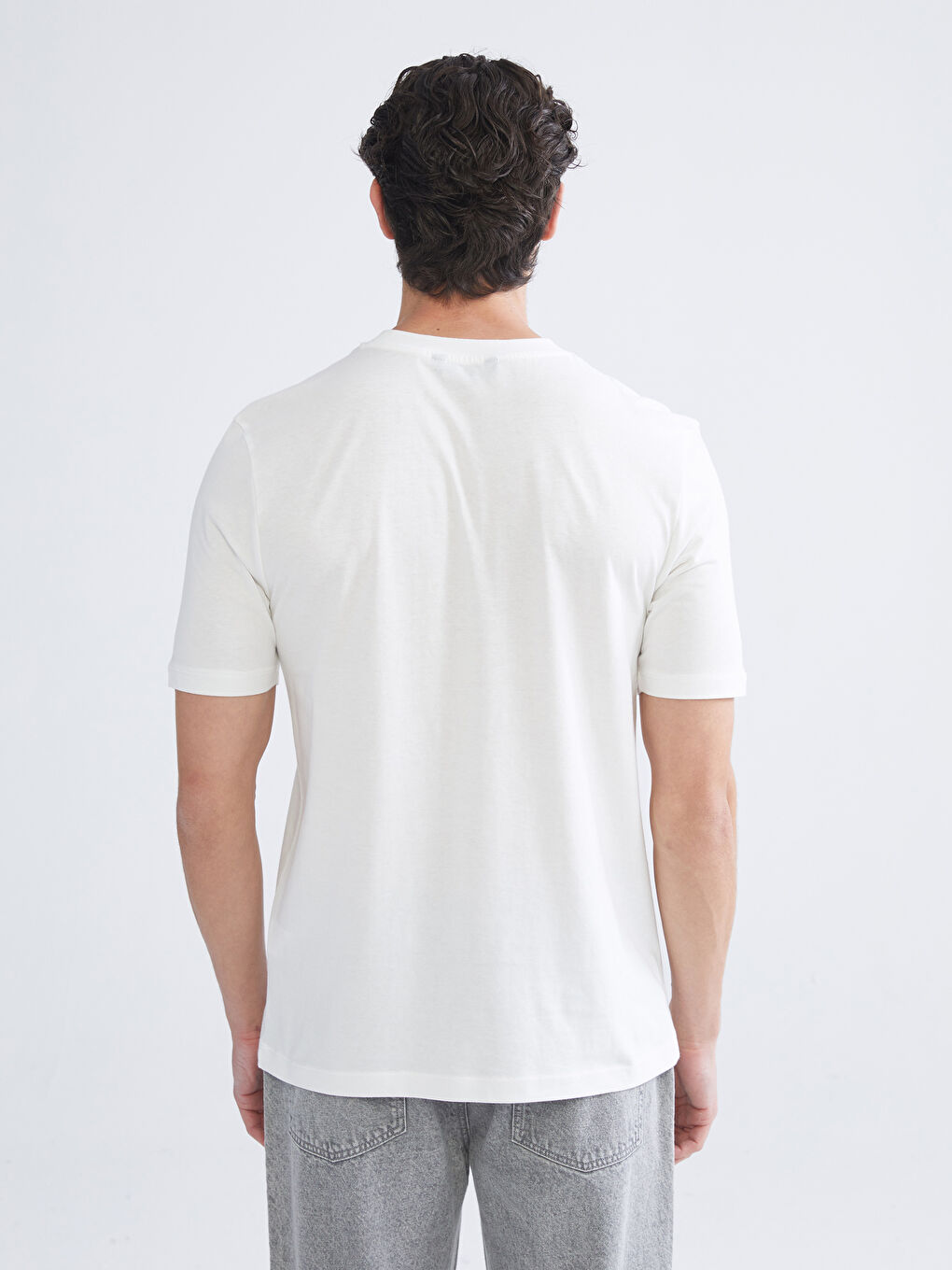 Ekru Bisiklet Yaka Penye Erkek Tişört-3