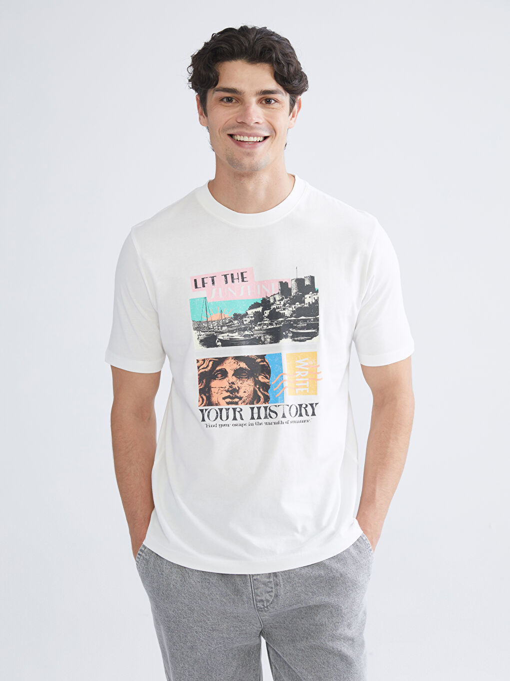 Ekru Bisiklet Yaka Penye Erkek Tişört