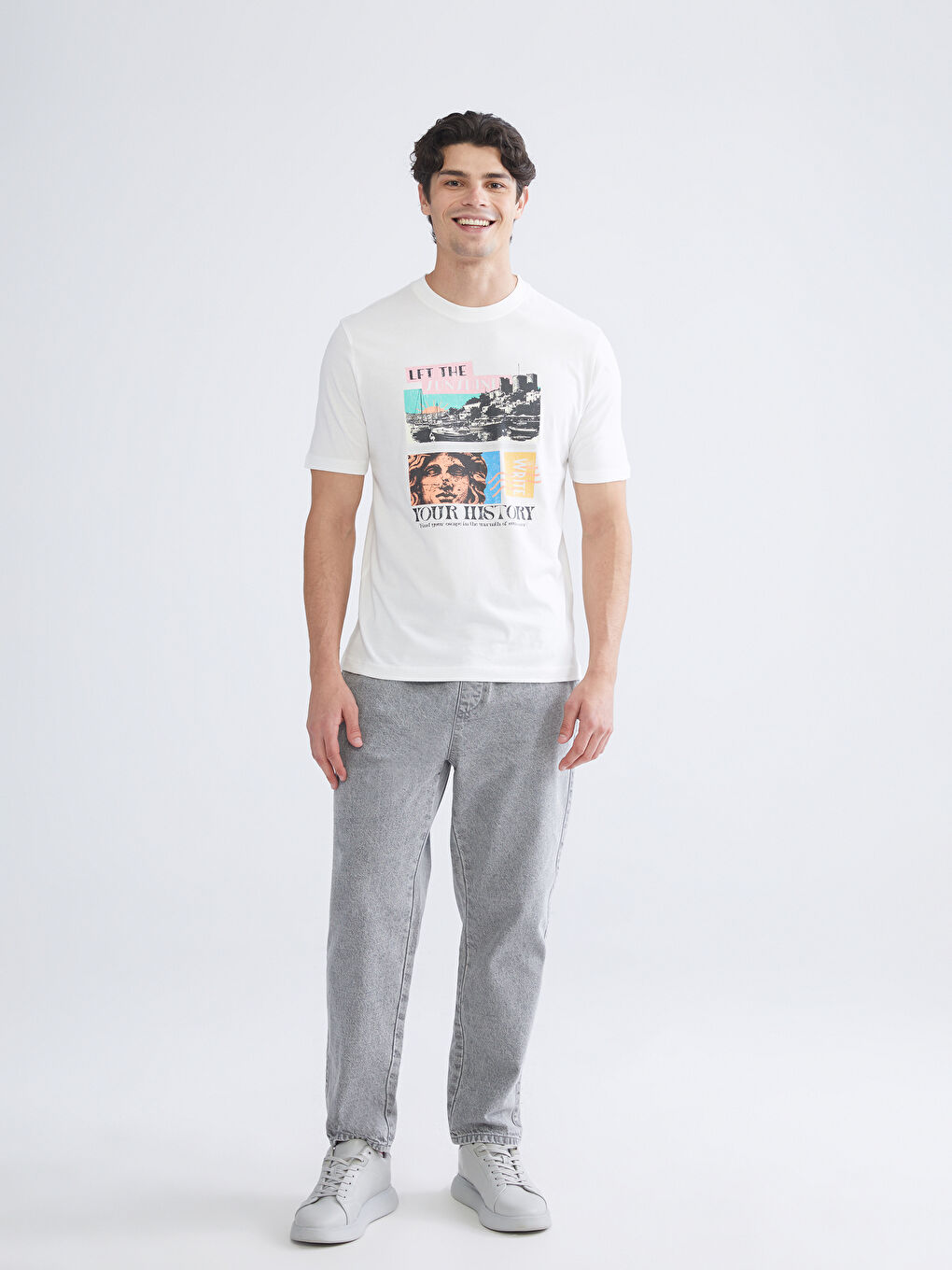 Ekru Bisiklet Yaka Penye Erkek Tişört-1