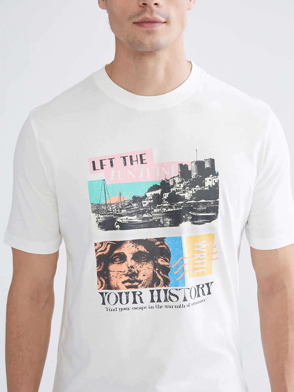 Ekru Bisiklet Yaka Penye Erkek Tişört-2